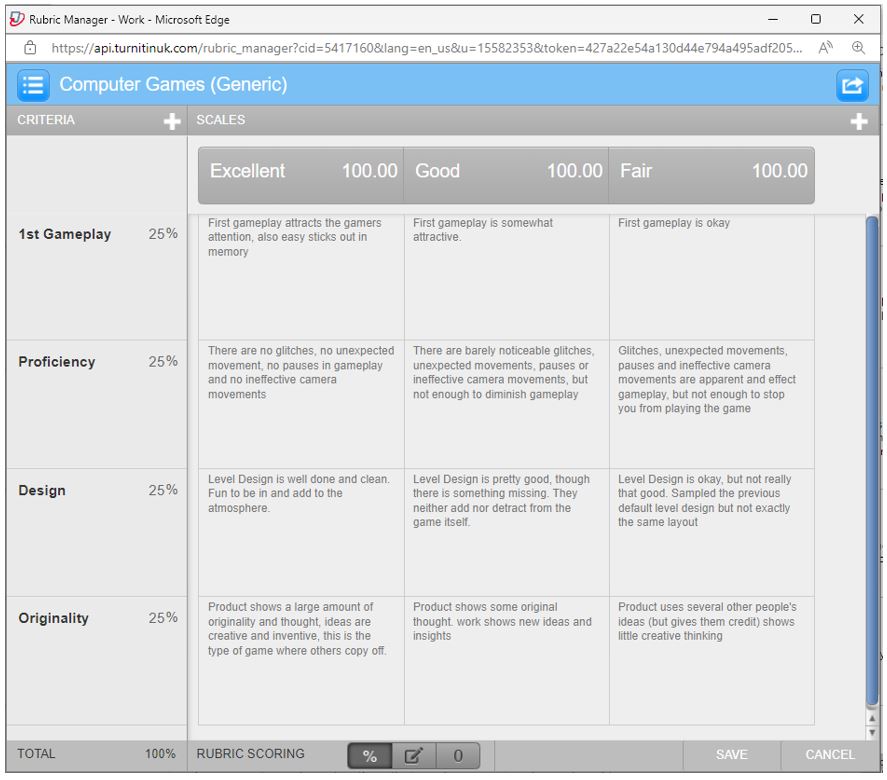 Image showing an example of a populated Turnitin assignment rubric