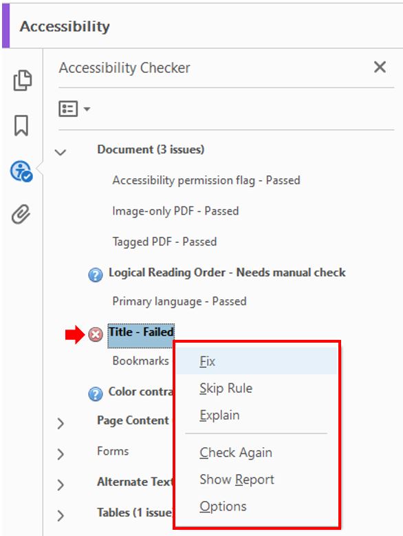 Image showing to use the Accessibility Checker panel to review and resolve issues