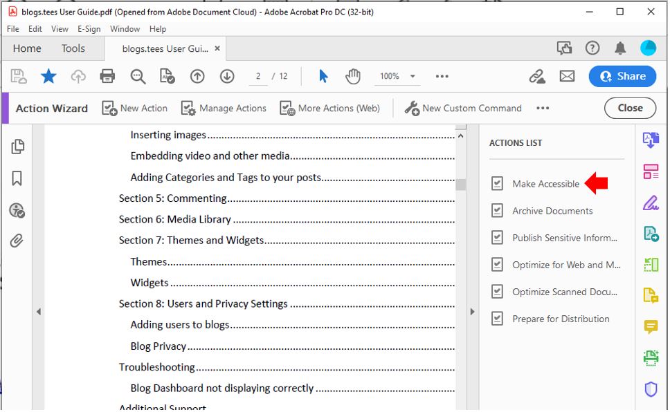 Image showing how to access the Action List available via the Action Wizard tool in Adobe Acrobat