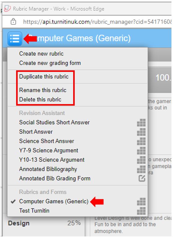 Image showing Turnitin rubic Manager options to Duplicate, Rename or Delete a pre-created rubric