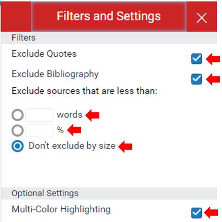 Image showing the Filter and Settings menu in the Match Overview options in the Turnitin originality report
