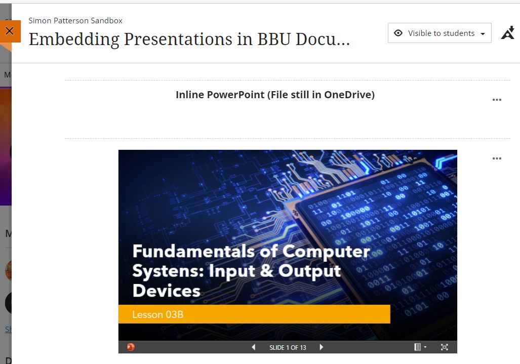 Image showing an embedded PowerPoint presentation in Blackboard Ultra