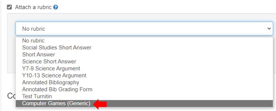 Image showing how to select a custom rubric that has been previously created to assignment to a Turnitin assignment via the settings page