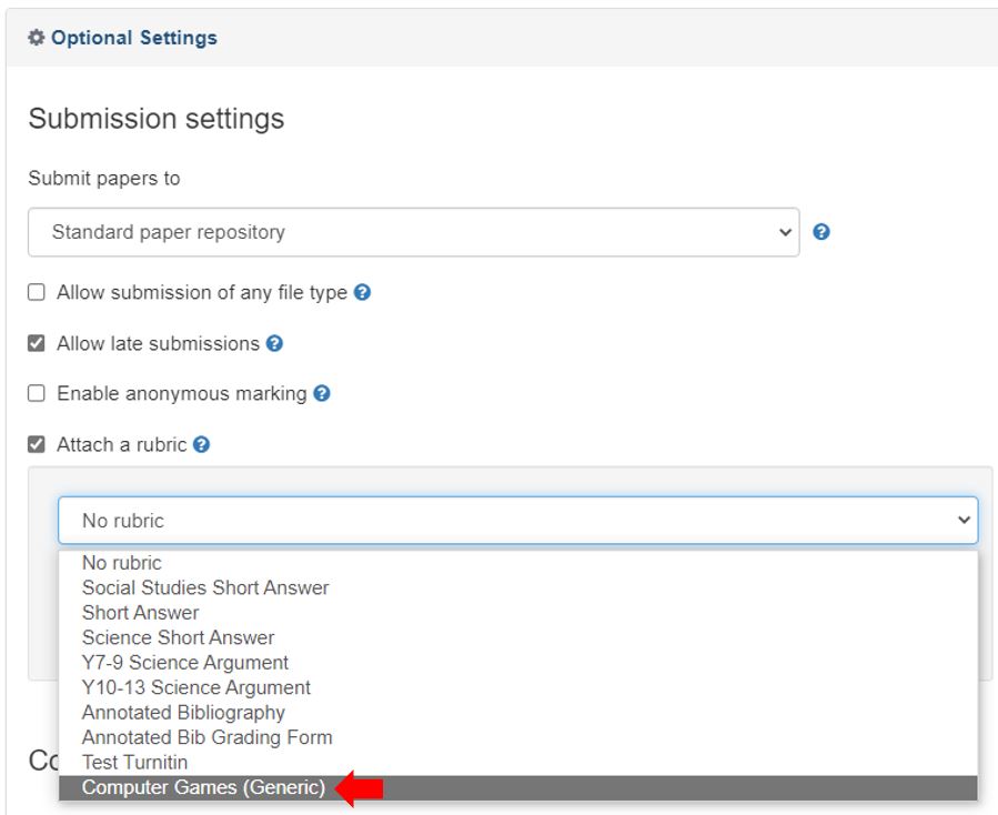 Image showing the selection of a custom made rubric in the Turnitin rubric manager