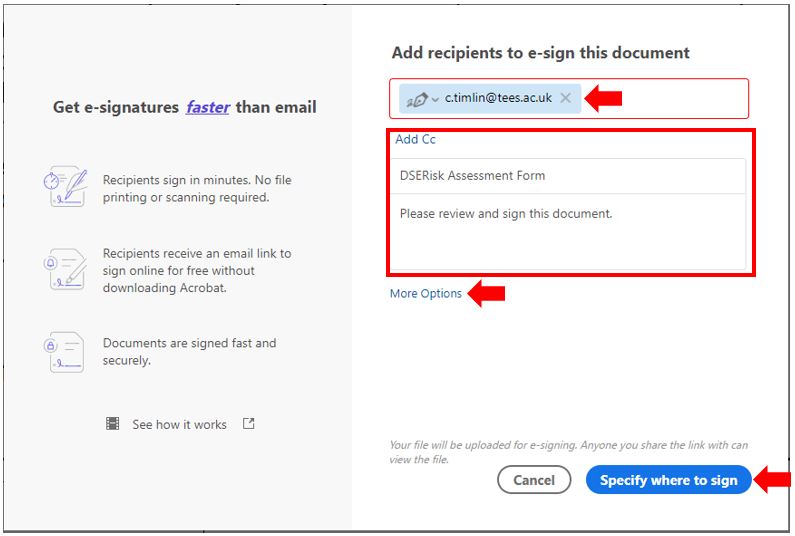 Image showing a recipient being added to the Request Signatures Window in Adobe Acrobat DC