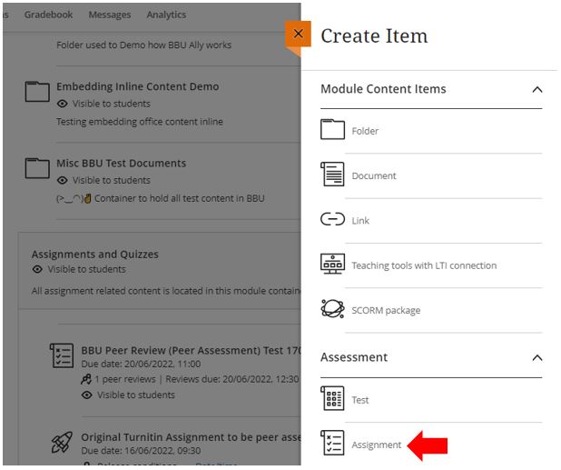 Image showing how to create a new Blackboard Ultra assignment