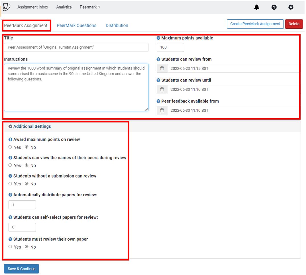 Image showing a PeerMark assessment and the additional setting that are available incomparison to a standard Turnitin assignment.