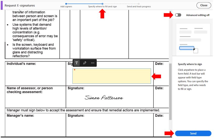Image showing the Specify Where to Fill & Sign window and the associated simple and advanced options that can be set and applied 