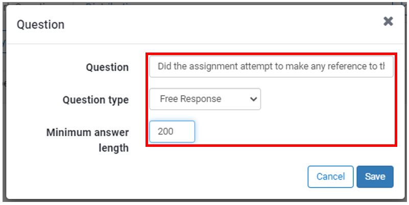 Image showing the Turnitin PeerMark question creation screen (Free Response)
