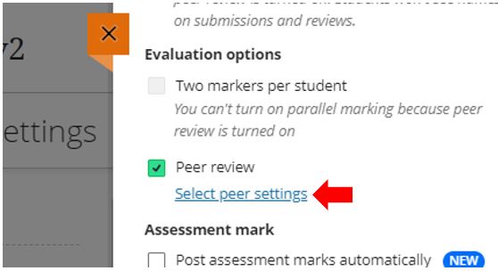 Image showing how to configure the peer review option in a Blackboard Ultra assignment