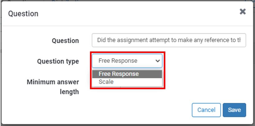 Image showing the Turnitin PeerMark question creation screen (Free Response)