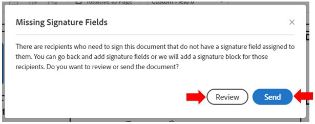 Image showing the possible missing signature field warning message