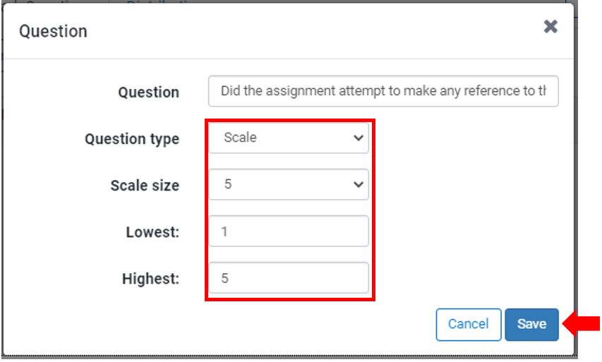 Image showing the Turnitin PeerMark question creation screen (Scale)