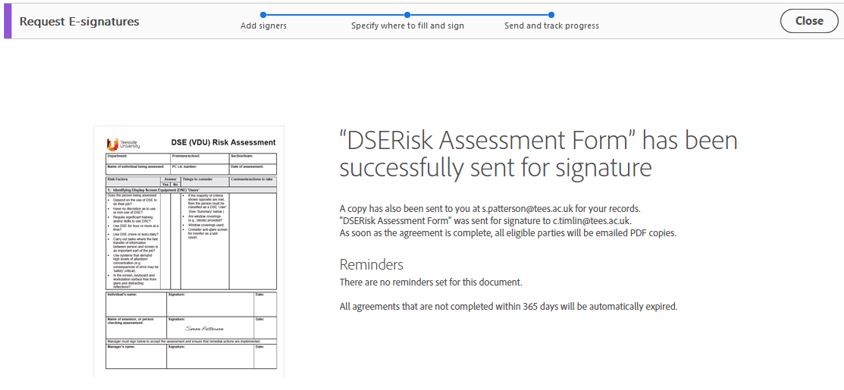 Image showing the completed send for signing process