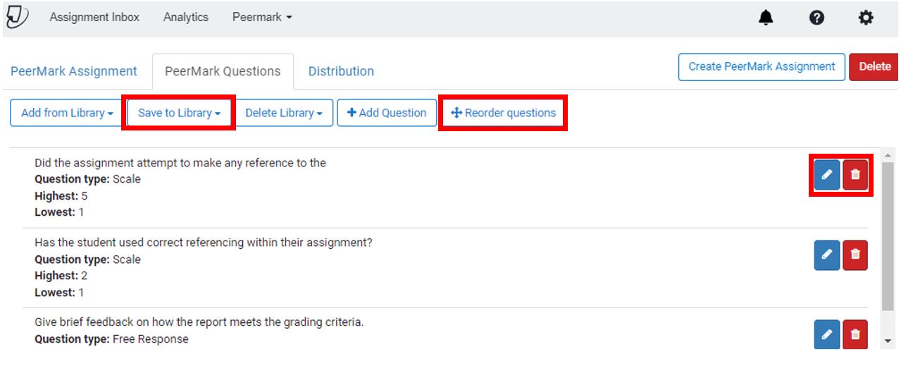 Image showing the Turnitin PeerMark question creation screen (Save Library and Reorder Questions)