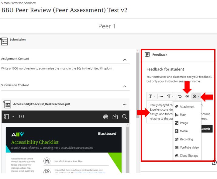 Image showing the student view of the Blackboard Ultra peer review process