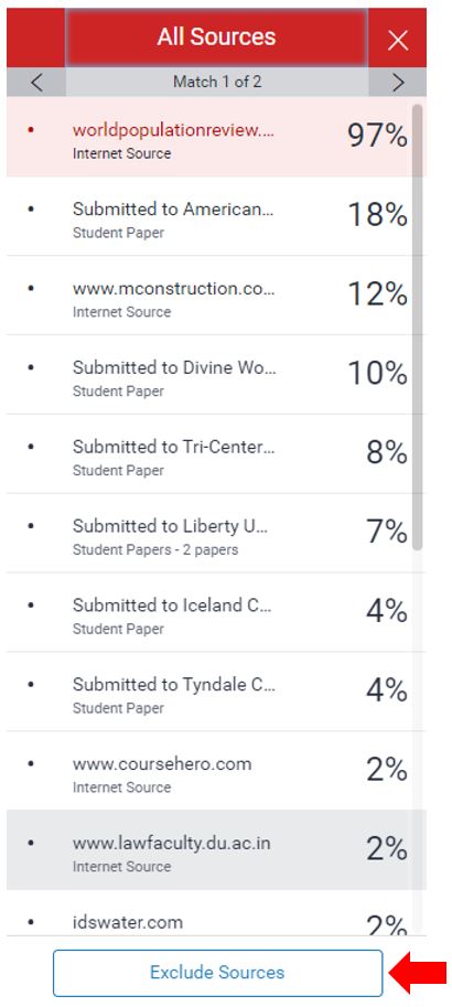 Image showing the All Sources list in the TurnItIn Feedback Studio