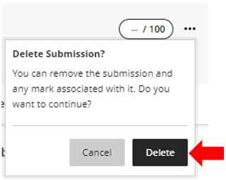 Image showing how to confirm the deletion function via the more options feature for an individual piece of student work within Gradebook in Blackboard Ultra.