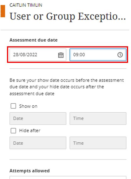 Image showing the adding of a new assessment due date and time using the User or Group Exceptions functionality in Blackboard Ultra