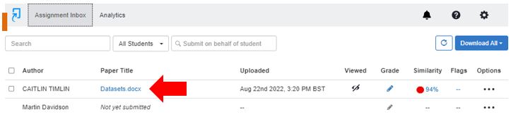 Image showing how to select a submitted assignment for manual deletion from the TurnItIn assignment inbox