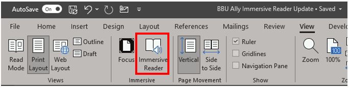 Image showing how to access immersive reader in Microsoft Office applications