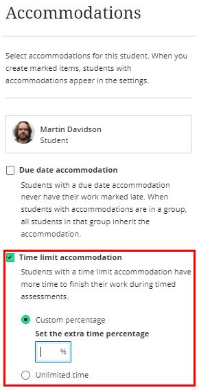 Image showing how to add Time Limit accommodations to a student account in BBU.