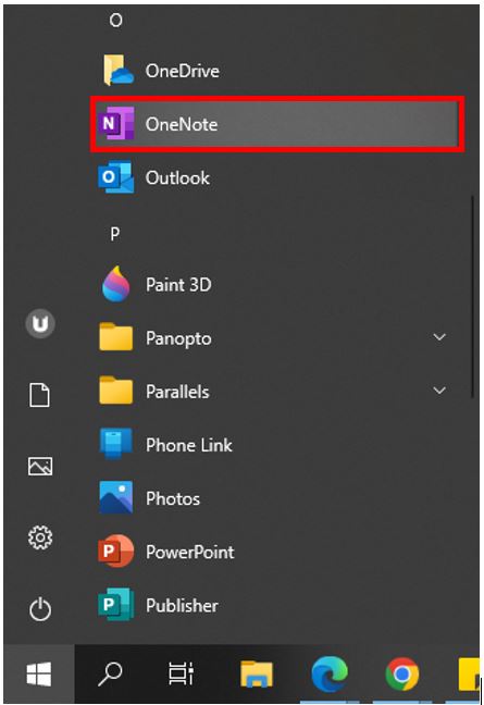 Image showing how to access Microsoft OneNote via the Start menu.