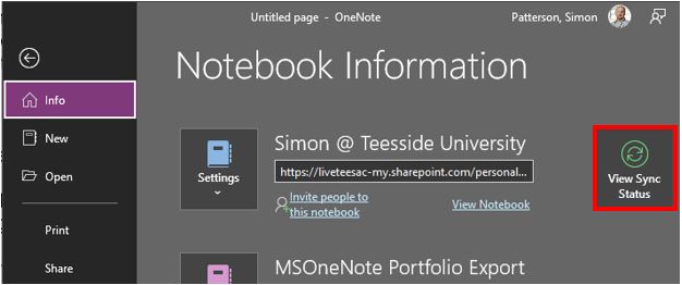 Image showing how to access the synchronisation functionality of Microsoft OneNote