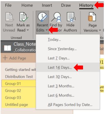 Image showing how to access the recent edits of a Microsoft OneNote class Notebook.