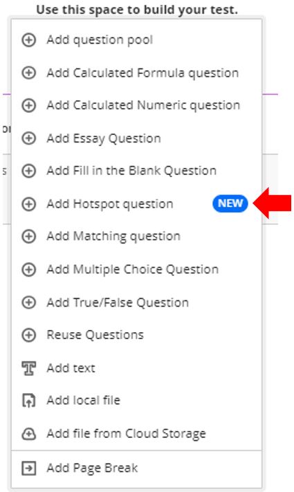 Image showing how to add the new Hotspot question type to a Test in Blackboard Ultra.