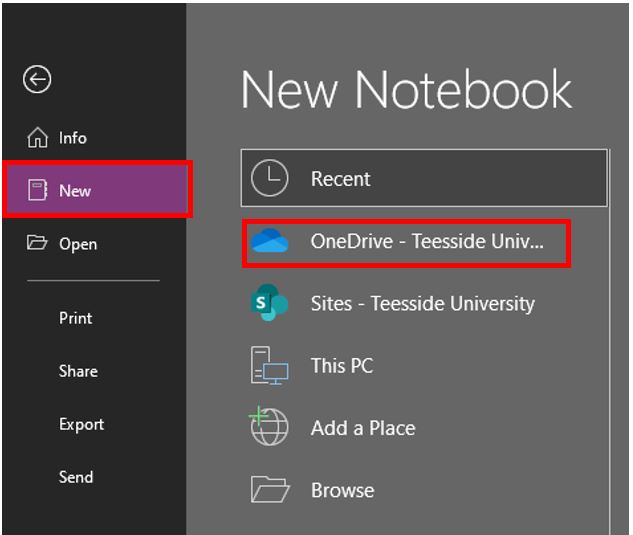 Image showing how to create a new Microsoft OneNote Notebook in OneDrive.