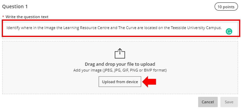 Image showing how to upload an image to use for a Hotspot question in Blackboard Ultra.
