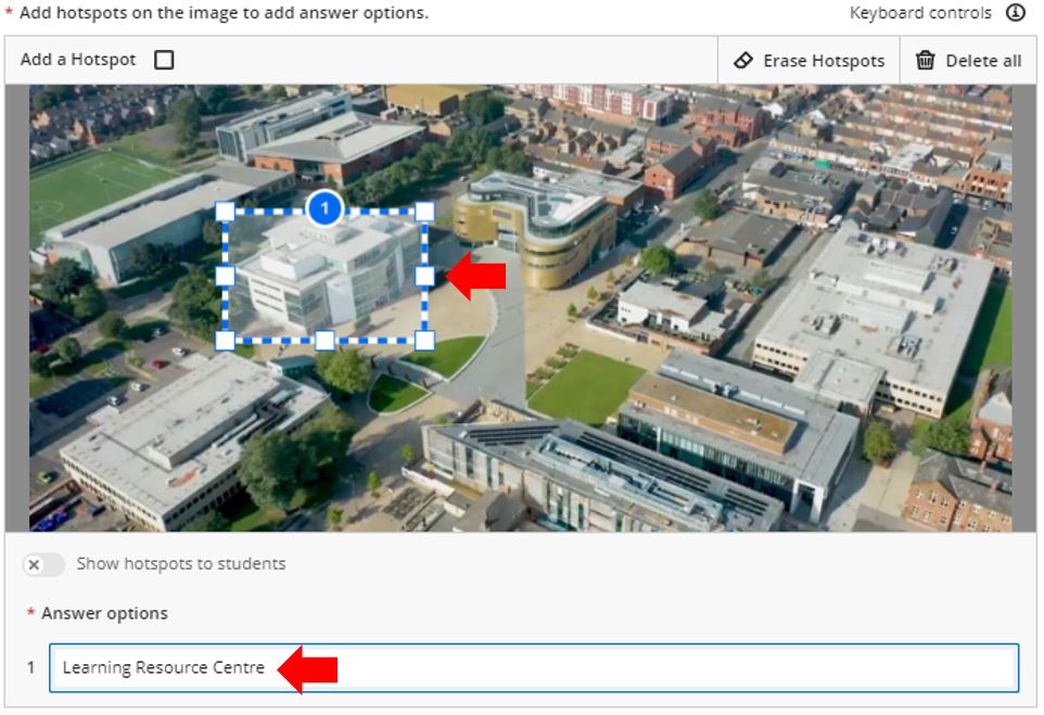 Image showing how to move and locate a Hotspot area on a hotspot image question in Blackboard Ultra.