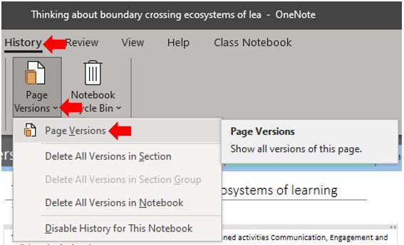 Image showing how to access the previous Page Versions in Microsoft OneNote
