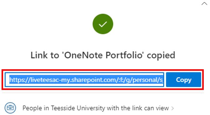 Image showing a new link that has been generated that can be shared with the students (Via Teams, Blackboard Ultra, email etc.) to allow them to access the folder and download the OneDrive file