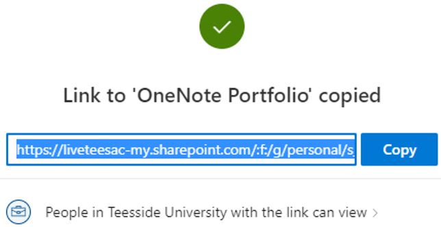 Image showing a new link that has been generated to give students access to download a OneNote template and move it to their own Teesside University OneDrive.