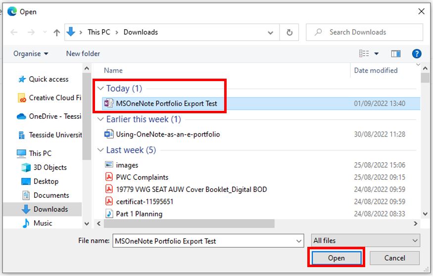 Image showing the downloading of the OneNote file via the shared link.