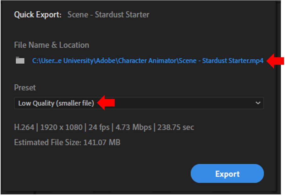 Image showing how to Quick Export a completed project in Adobe Animator.
