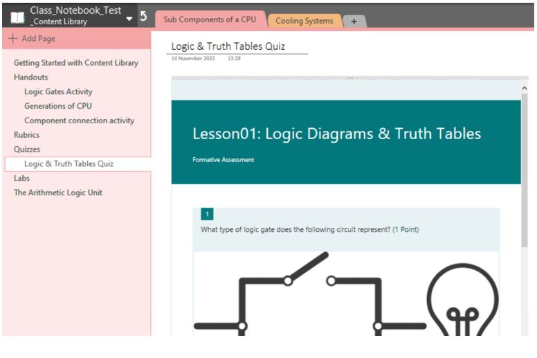 Image showing how content can be embedded inside a Content library in OneNote Class Notebook. The screenshot shows an embedded Microsoft Form.