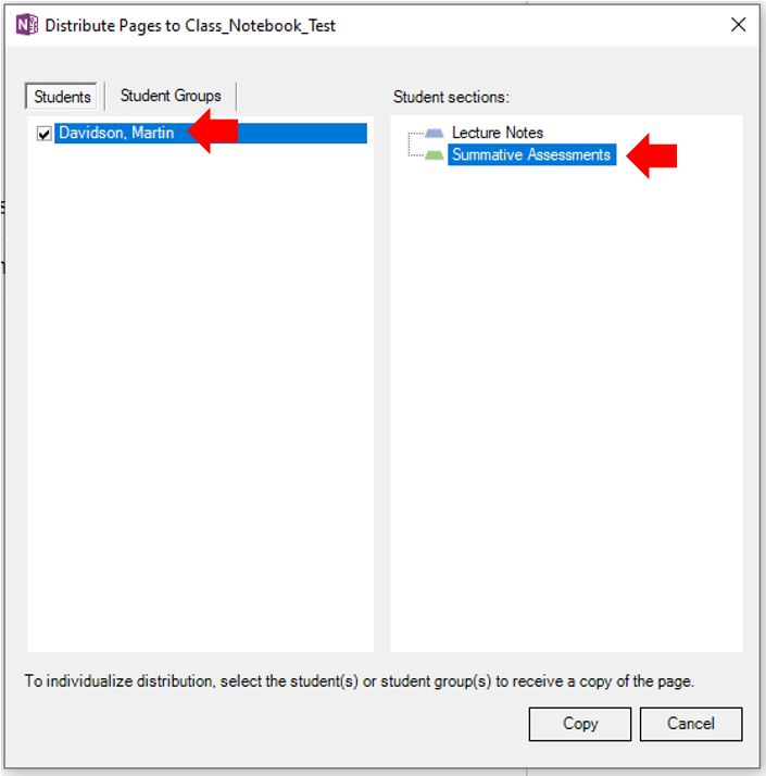 Image showing how to distribute Pages and Sections in OneNote Class Notebook to an individual or group of students rather than the entire class.