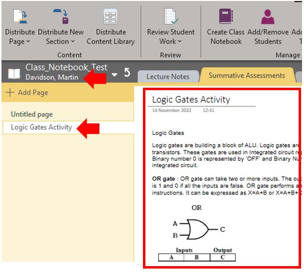 Image showing how to distribute Pages and Sections in OneNote Class Notebook to an individual or group of students rather than the entire class.