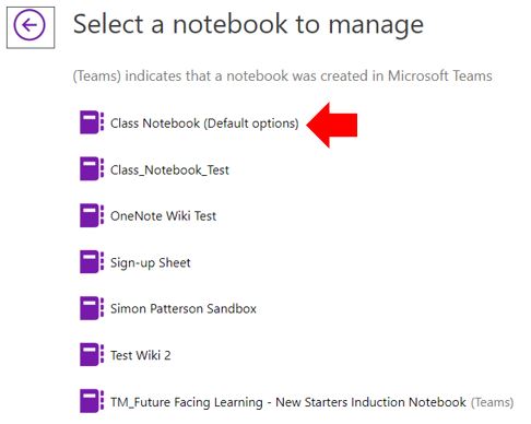 Image showing how to add and/or remove what sections will be created in the new Class Notebook.