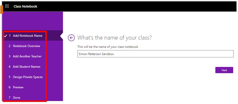Image showing how to create a new Class Notebook.