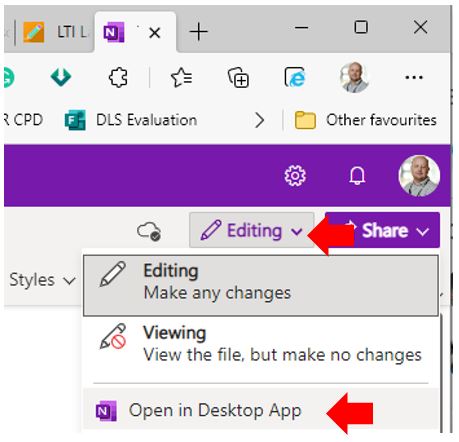 Image showing how to open a OneNote Notebook in the full OneNote application instead of accessing via the Office 365 web browser.