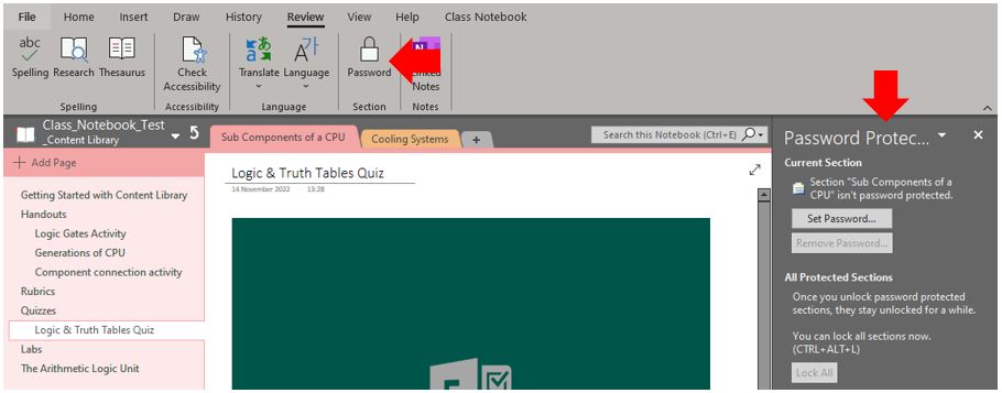 Image showing how to password protect a section or page in OneNote.
