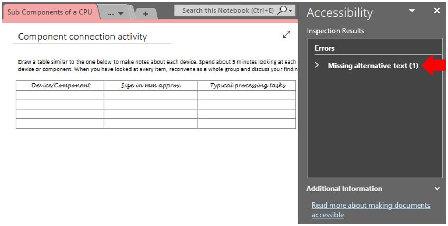 Image showing how to access the Accessibility Checker in Microsoft OneNote.